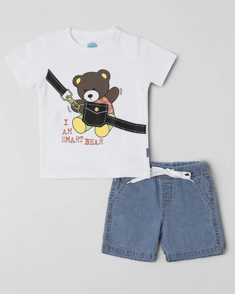Nautinati Boys' 100% Cotton Bear Placement Printed T-shirt & Shorts Co-ord Set